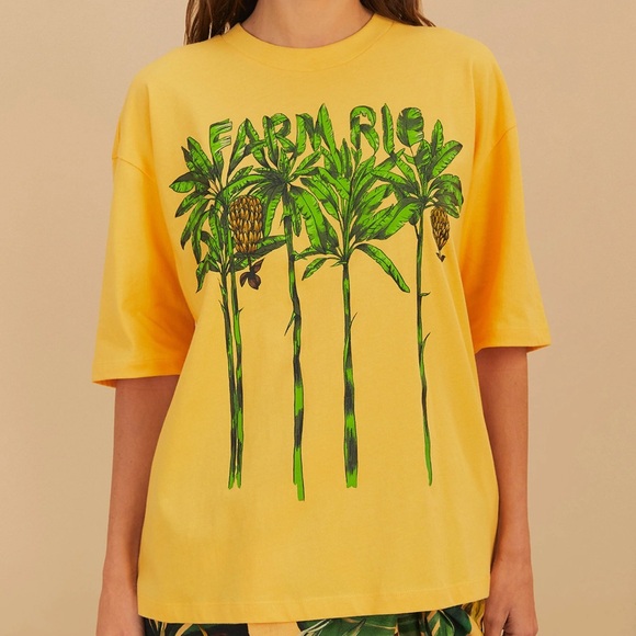 Tops - Farm Rio Yellow Graphic T-Shirt with Green Palm Design